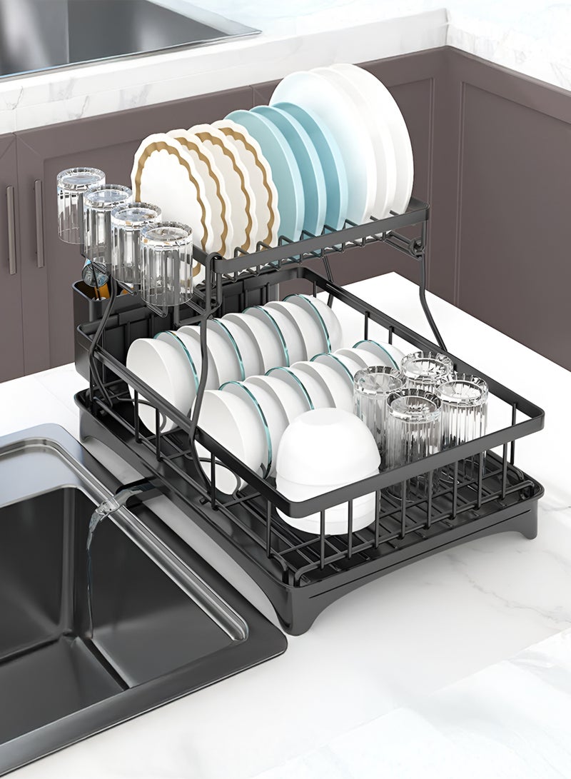 توشيونيكس رف تجفيف أطباق قابل للطي من طبقتين مع حامل أدوات وحامل أكواب وصينية تصريف T114725، نظام تصريف دوار، طلاء مقاوم للخدش، أسود - Image 1